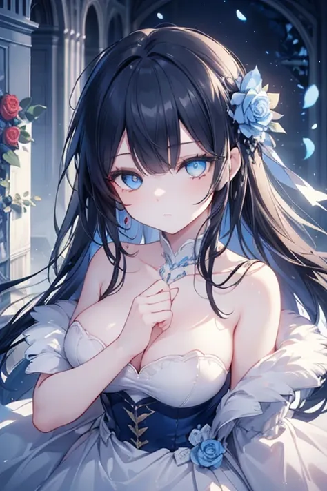 Girl with black hair and blue eyes、blue and blue-eyed girl、Fluffy clothes、Surrounded by roses,beautiful and detailed eyes ,(masterpiece: 1.2), Best Quality, High resolution, Unity 8k Wallpaper, (Illustrations: 0.8), (Beautiful blue eye details: 1.6), Perfe...