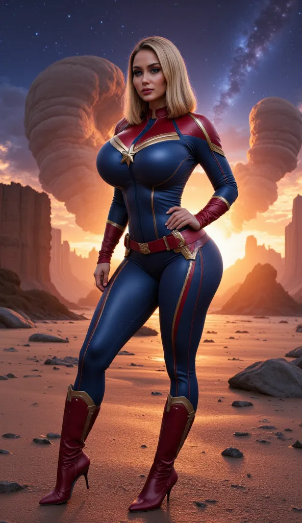  sunny  ,  1girl  , front  ,  woman , giant big boobs , thin waist ,  slim body  ,  big full chest ,  full body  ,beautiful face,head art ,  ultra strict , Straight blond hair, captain marvel costume,captain marvel boot,  full Body , background alien base