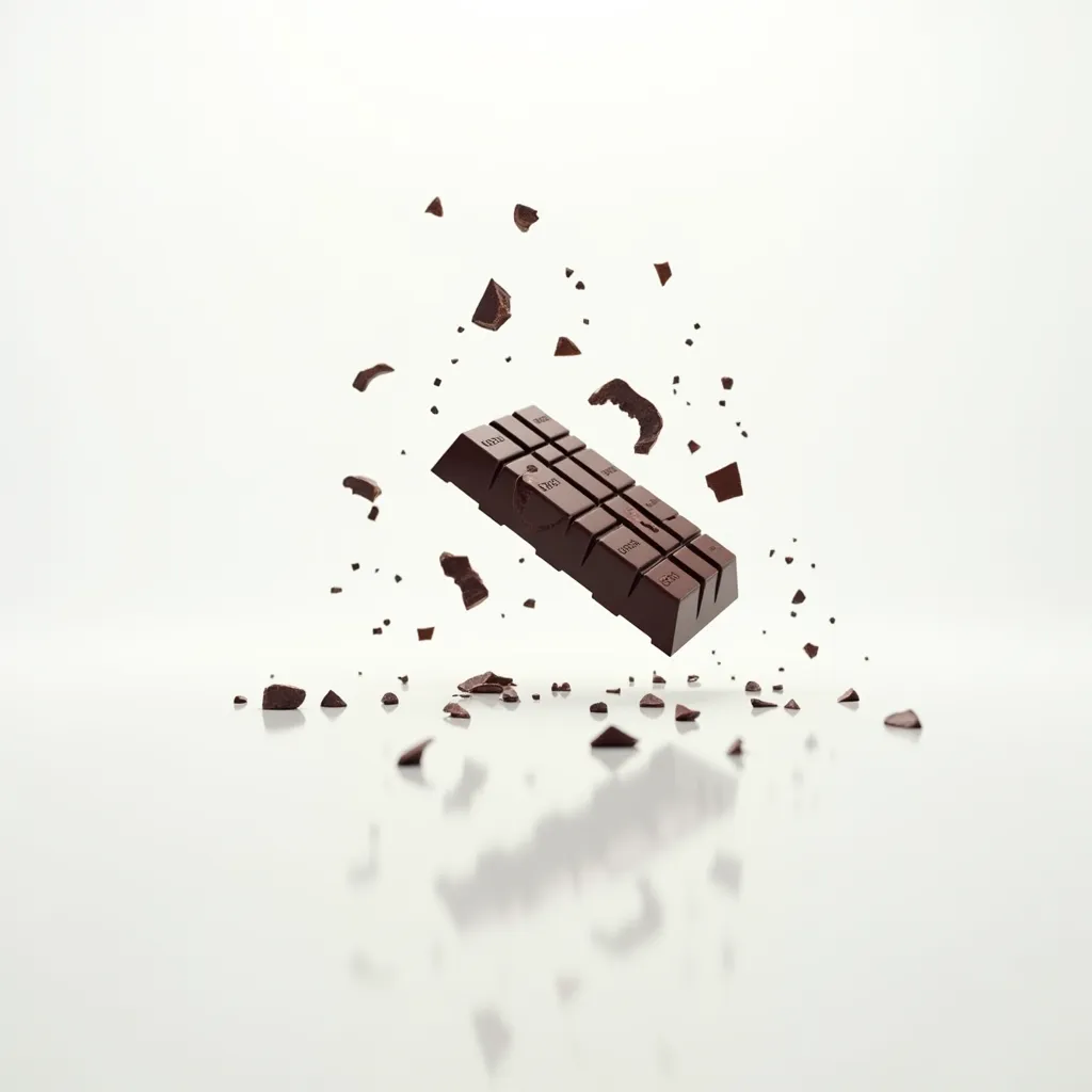 A bit off dark chocolate bar lifted in the air in a diagonal way with chocolate scattered around the bar