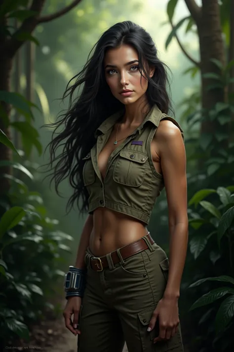   ultra-realistic photography  ,Model,  woman with black hair .  blue eyes  . in the jungle .  Safari-Outfit. 