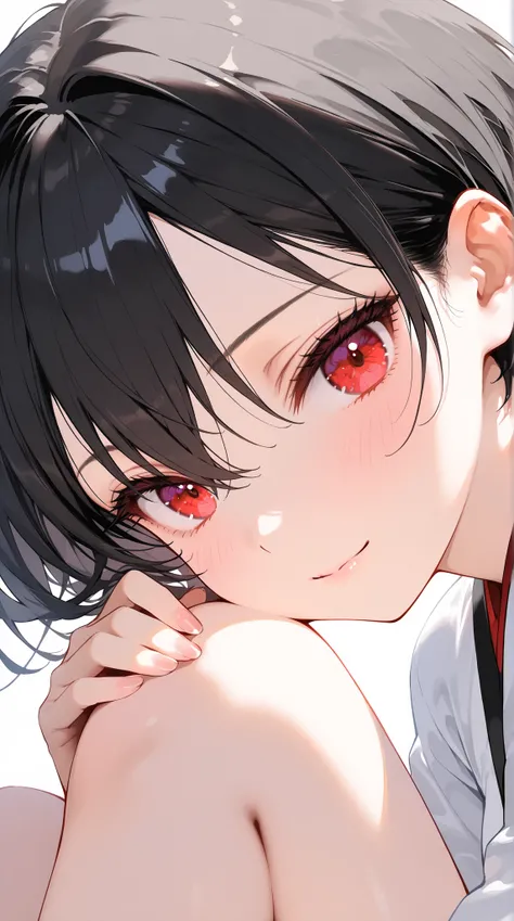 ((ultra-detailed)), masterpiece, perfect anatomy,

close-up of eyes, (detailed iris:1.2),close-up of (eyes), [face],shoulder out of frame,
1 girl, Onyx black hair, (very short hair),, dark red eyes,tsurime, temptation,

at her room,

highly detailed face, ...