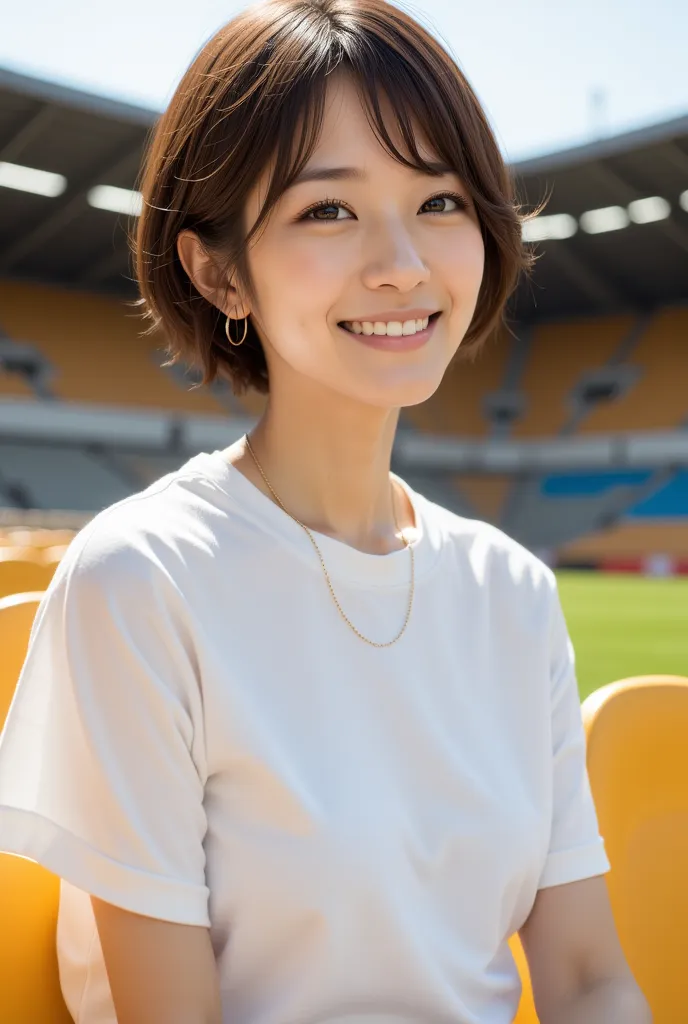 Side view of a Japanese woman in her 30s, natural brown hair color, short, shaggy, pure white oversized chest t-shirt,

large stadium stand seat, 
She's sitting and smiling,
 bright sunlight,