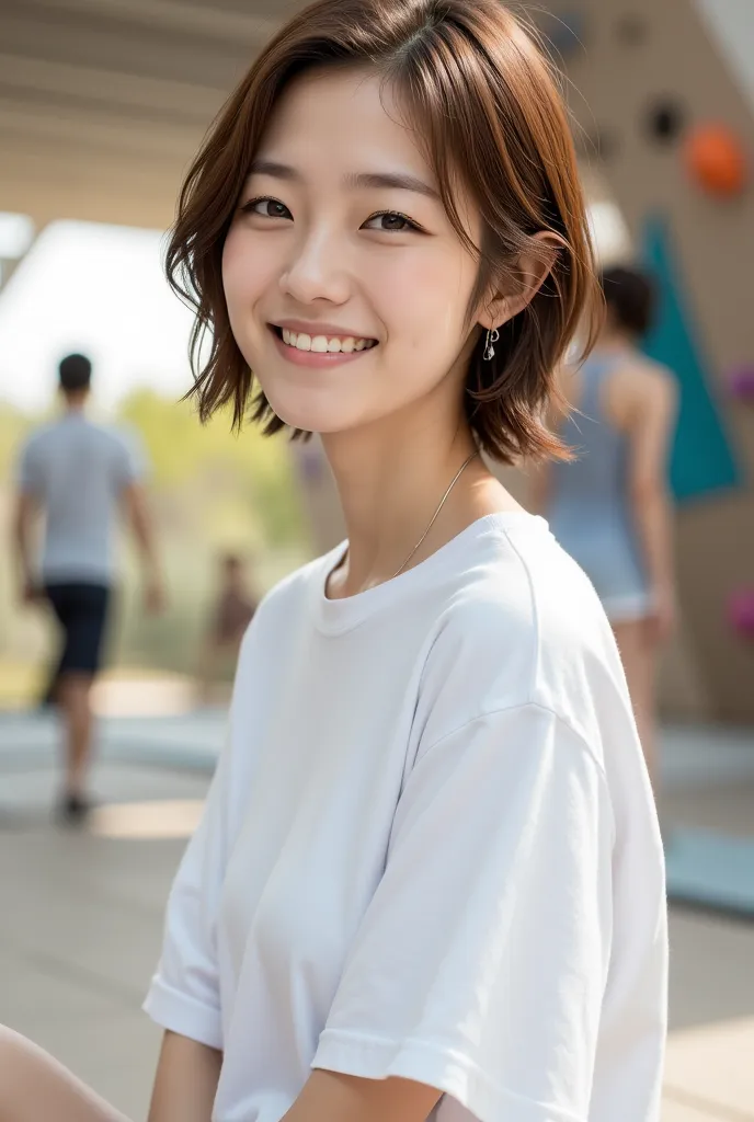 Side view of a Japanese woman in her 30s, natural brown hair color, short, shaggy, pure white oversized chest t-shirt,

Large bouldering venue,
she is sitting and smiling,
 bright sunlight,