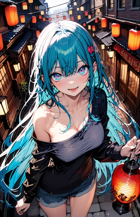konosubaAqua, Aqua,   long hair,  blue eyes,  hair ornaments close to the garden, very   long hair,    Lantern , hair ornaments close to the garden,  SINGLE RING OF HAIR ,   hair bobble,smile,,   open your mouth ,Medium Bust,BLUE OFF SHOULDER SWEATER,Bare ...