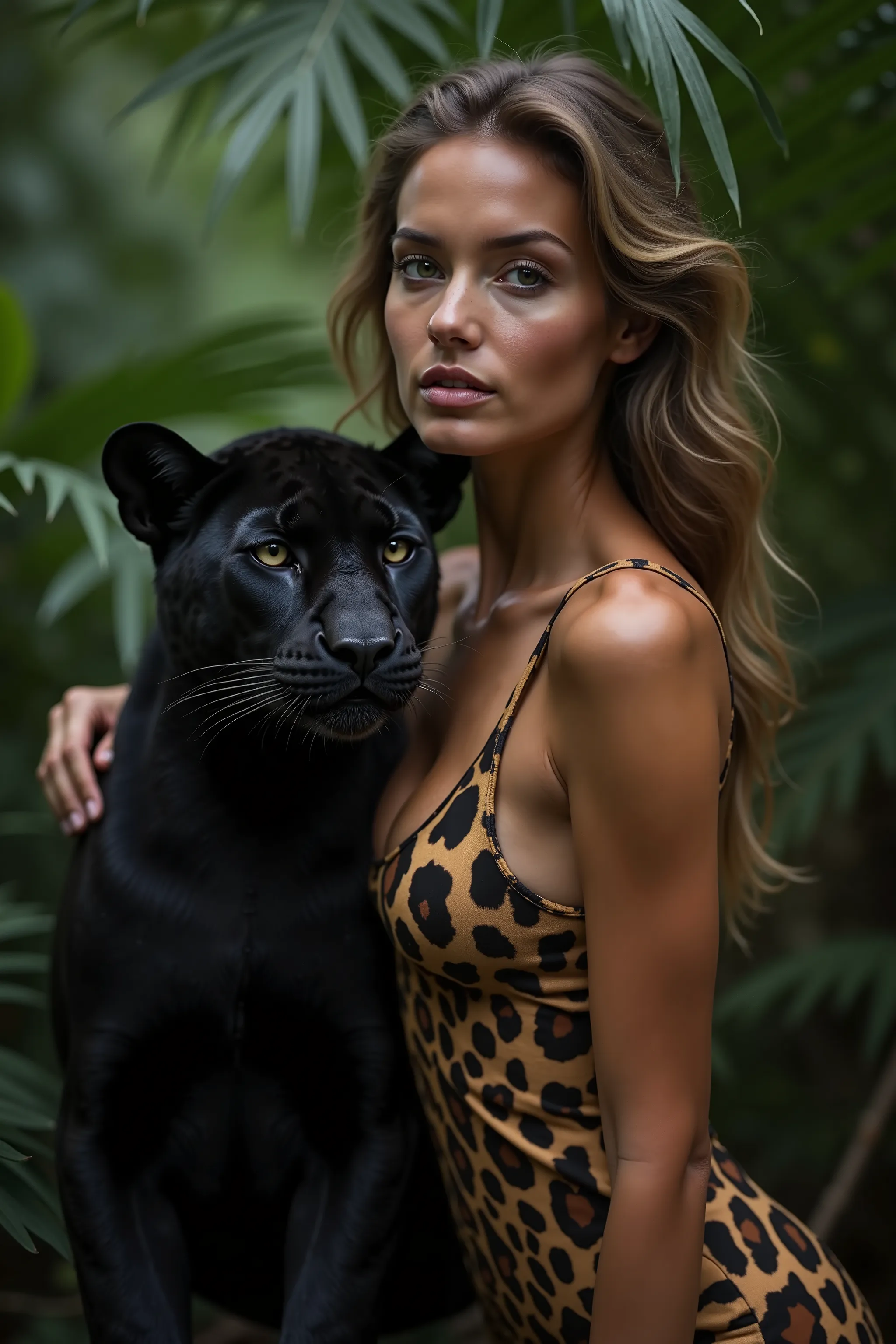 araffe posing with a black leopard in a  with palm trees, queen of , National Geographic Fotoshooting,  beautifule Tarzan-Frau, Amazon Queen, Sweet & Gabbana Campaign, Jaguar, , Brazilian supermodel, on one night !!!, in a  environment, in the , Amazonas, ...