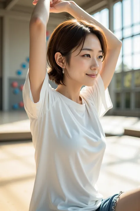 Side view of a Japanese woman in her 30s, natural brown hair color, short, shaggy, pure white oversized t-shirt,

Large bouldering venue,
She sits in a beard and stretches,
smiling,
 bright sunlight,