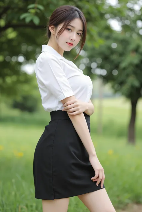 with dark brown hair tied at the back、A breathtakingly beautiful woman ,  slender figure , And slender eyes　she wears a Nishit costume, with a white short-sleeved collared shirt、black pencil miniskirt that fits her body properly tucked in、wears a stylish b...