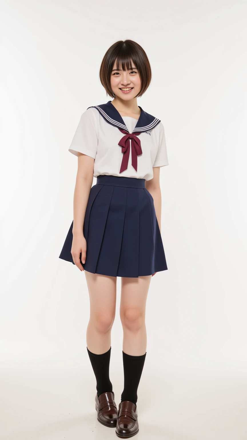 The image showcases a cheerful woman with short , dark brown hair with bangs, smiling against a plain white background. She has a fair complexion and a relaxed posture. Dressed in a short sleeve white blouse with a navy blue sailor collar and a burgundy bo...