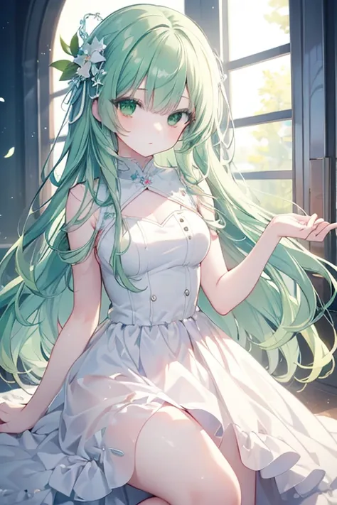 Create images of cute anime girls. White hair mixed with green and peach ends, blue, long hair, green eyes, white dress mixed with green.
,(masterpiece: 1.2), Best Quality, High resolution, Unity 8k Wallpaper, (Illustrations: 0.8), (Beautiful green eye det...