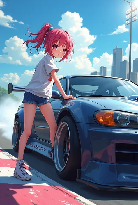 Create a young girl next to a drift car, Leave it in anime style