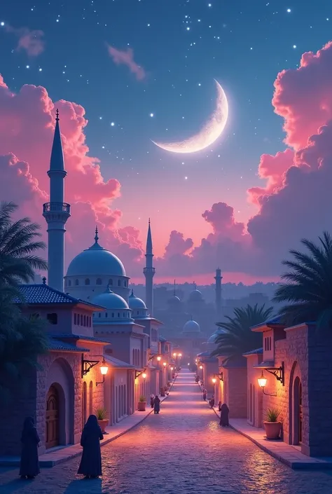 I wanna create a picture in which there is ramadan days. There should be moon and stars in the sky but rest of the image should have pinkish clouds and day time look. Mosques and street can be seen in this. But no human body should be there. There can be l...