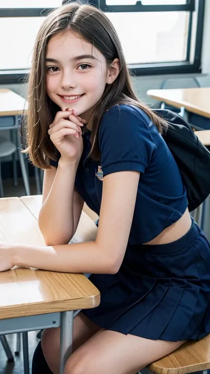  full body image,   thirteen years old    ,    with a face with soft European features   ,    smiling,     wearing school uniform ,  leaning against the table ,  classroom,   holding an ice cream cone,  with her back to the observer     ,   observing the o...