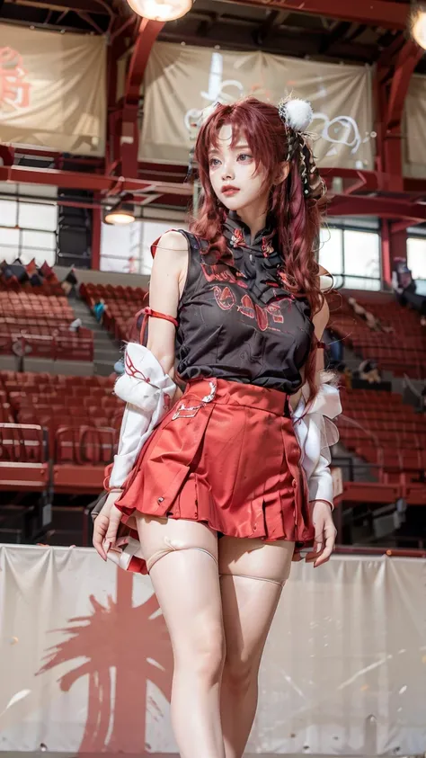 A beautiful young Japanese woman, 20 years old, with perfect anatomy, healthy thighs, beautiful feet, flawless skin, random hair color and style, large bust, (she is standing:1.2), wearing a cheerleader uniform with micro-pleated miniskirt, in a full body ...