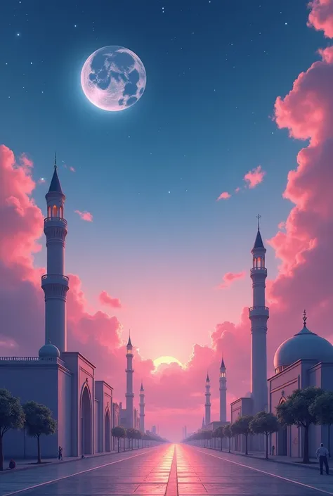 I wanna create a picture in which there is ramadan days. There should be moon and stars in the sky but rest of the image should have pinkish clouds and day time look. Mosques and street can be seen in this. But no human body should be there. There can be l...