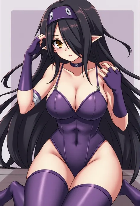 1 girl,Alone ,MM,  mature woman,piel oscura,black hair, long hair,hair over one eye, brown eyes,pointy ears, earrings,elf, big breasts,anime coloring,
 neckline , revealing clothing, elbow gloves, purple thigh-high stockings ,panties,headwear
, masterpiece...