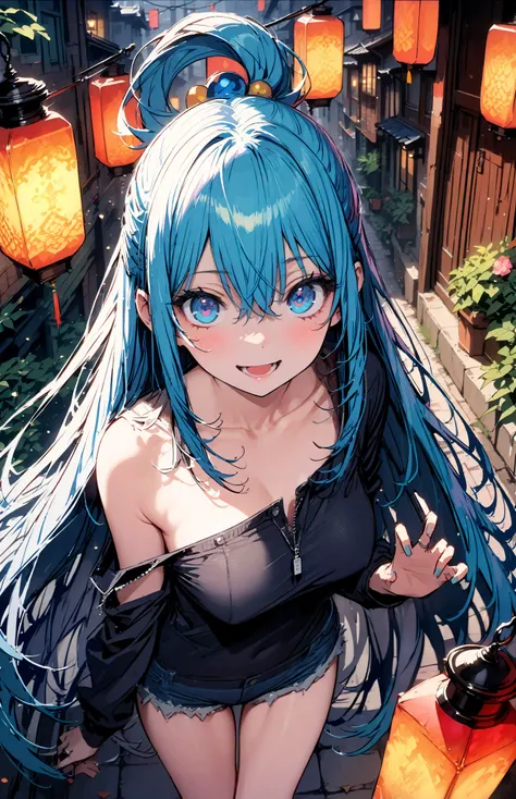 konosubaAqua, Aqua,   long hair,  blue eyes,  hair ornaments close to the garden, very   long hair,    Lantern , hair ornaments close to the garden,  SINGLE RING OF HAIR ,   hair bobble,smile,,   open your mouth ,Medium Bust,BLUE OFF SHOULDER SWEATER,Bare ...