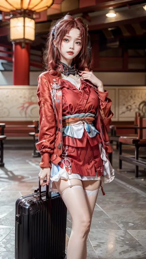 A beautiful, 24-year-old Japanese woman with perfect anatomy, healthy thighs, beautiful legs, beautiful skin, random hair color and style, large breasts, (wearing a flight attendant uniform with a mini-skirt:1.3), (she is standing:1.2), full body shot, pum...