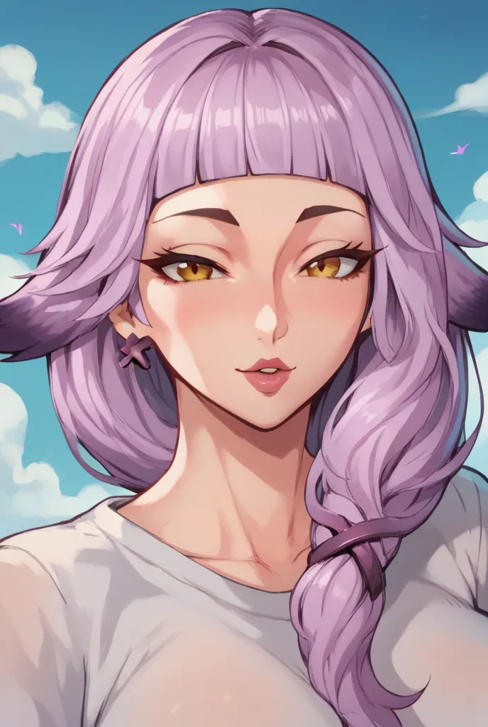 Sett's Mom (League of Legends), 1girl, voluptous body, yellow eyes, eyes open, ((blunt bangs)), lilac hair, ear tip brown, X-shaped hair ornament, mature female, nude, MILF, pale skin, looking at viewer, x-shaped hair ornament, ornament, wide hips, (huge b...