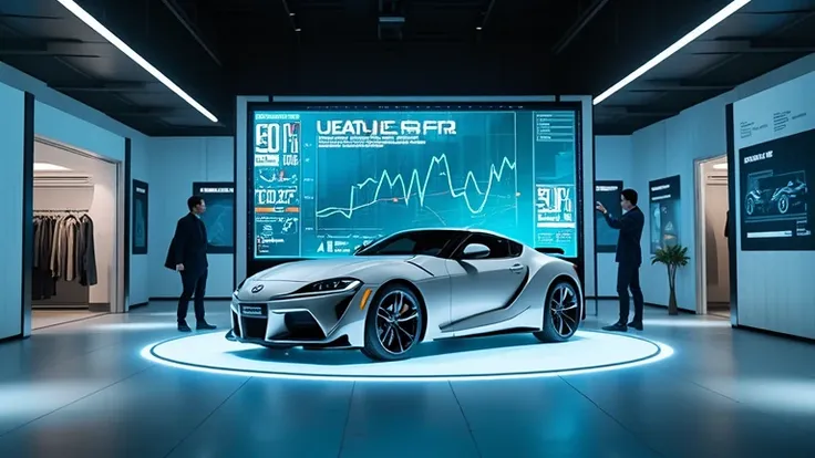 A futuristic car showroom with a holographic display showcasing Toyota S-FR’s performance data, fuel efficiency, and comparison with Mazda MX-5.
