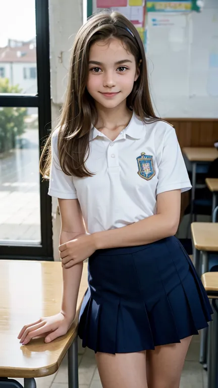  full body image,   thirteen years old    ,    with a face with soft European features   ,    smiling,     wearing school uniform ,  leaning against the table ,  classroom,   holding an ice cream cone,  with her back to the observer     ,   observing the o...