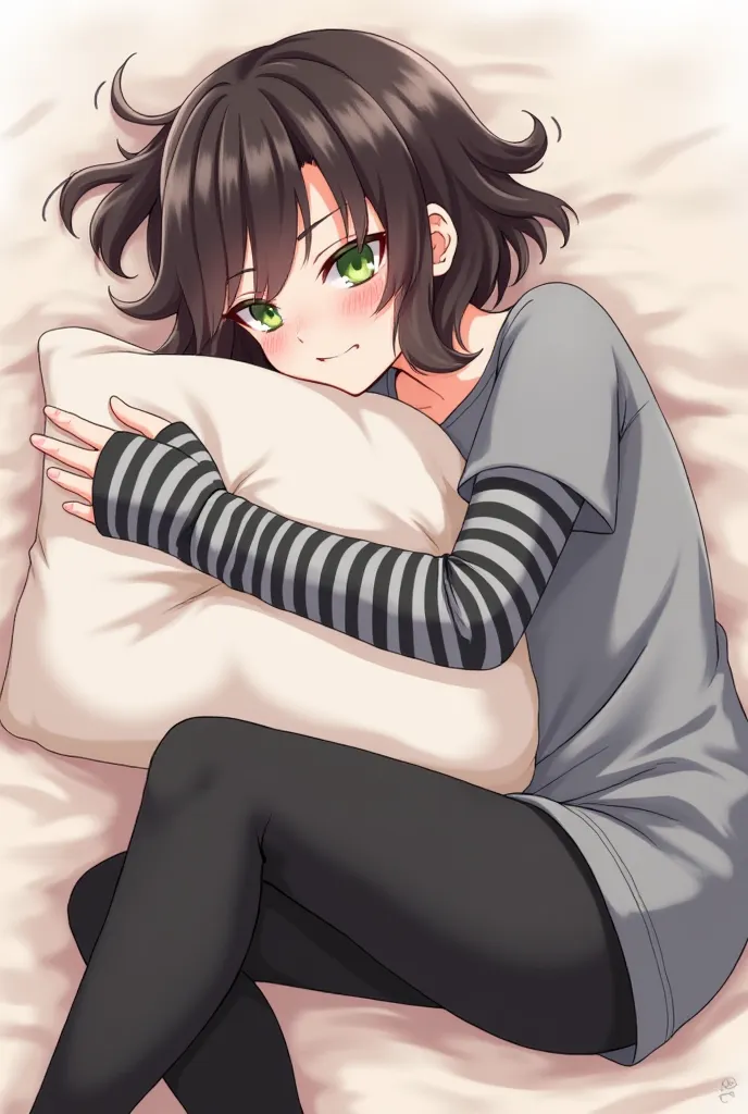 anime-style drawing depicting a girl with chestnut-black hair up to her chest, her eyes are green. she is lying curled up and hugging a pillow. she's aching with pain, because she has a stomachache. her clothes are a long gray T-shirt and black knee-length...