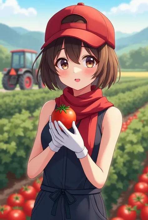 1girl, asian girl, 18yo girl, kawaii face, brown hair, (red cap backwards), short hair, brown eyes, blushed, little smile, lipstick, red scarf, dark shade blue jumpsuit, sleeveless, white cotton gloves, holding tomato, cleavage, BREAK, farm \(theme\), vill...