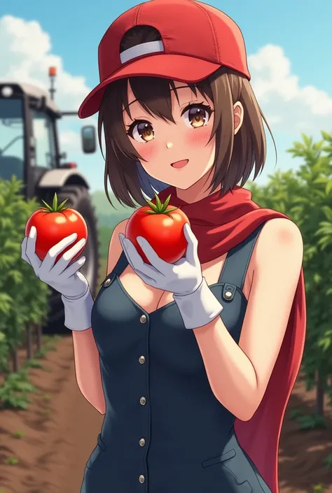 1girl, asian girl, 18yo girl, kawaii face, brown hair, (red cap backwards), short hair, brown eyes, blushed, little smile, lipstick, red scarf, dark shade blue jumpsuit, sleeveless, white cotton gloves, holding tomato, cleavage, BREAK, farm \(theme\), vill...