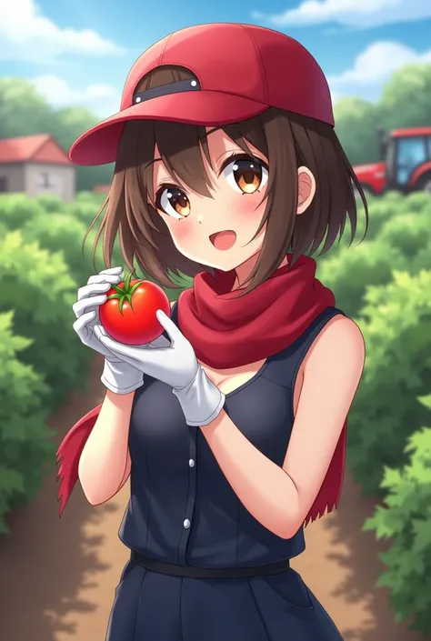 1girl, asian girl, 18yo girl, kawaii face, brown hair, (red cap backwards), short hair, brown eyes, blushed, little smile, lipstick, red scarf, dark shade blue jumpsuit, sleeveless, white cotton gloves, holding tomato, cleavage, BREAK, farm \(theme\), vill...