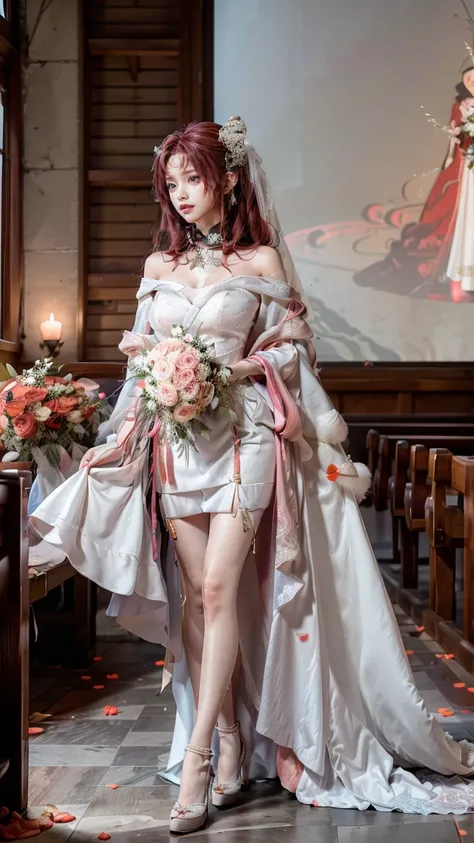 A beautiful young Japanese woman, 26 years old, with healthy thighs, beautiful legs, flawless skin, random hair color and style, large breasts, wearing a (wedding dress:1.3), (she is standing:1.2), full body shot, high heels, holding a bouquet in her hands...