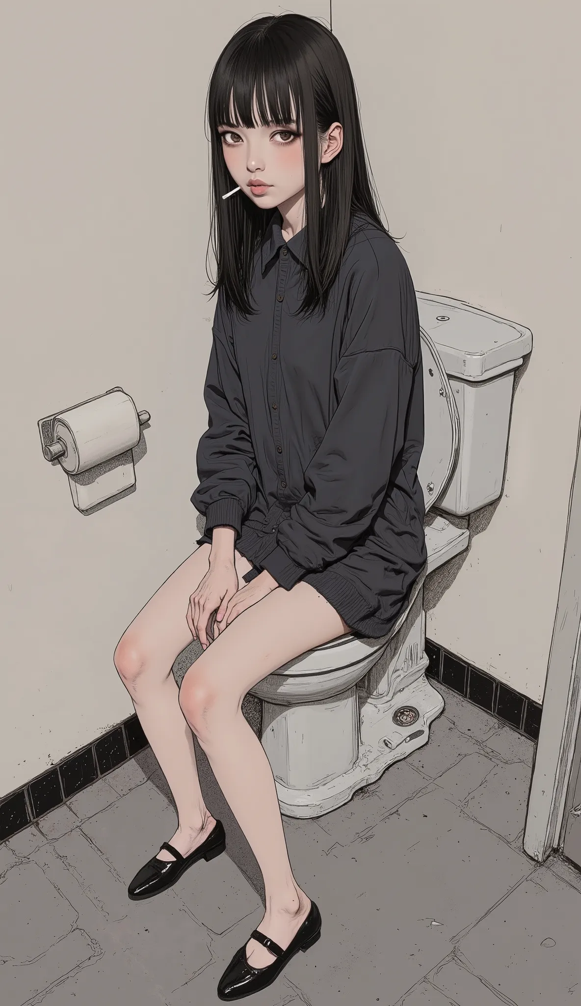  Fisheye 、 taken from above、painting of a woman sitting on the toilet with a cigarette in her mouth, inspired  by Thomas Hanukkah ,  by Thomas Hanukkah , by Kamisaka Sekka, inspired by Jamie Hewlett, Singay, by Jamie Hewlett, by Kang Hye-an , Anime girl si...