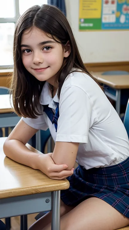  full body image,  Thirteen-year-old Linda    ,    with a face with soft European features   ,    smiling,     wearing school uniform ,  leaning against the table ,  classroom,  with her back to the observer     ,   observing the observer ,    smiling para...