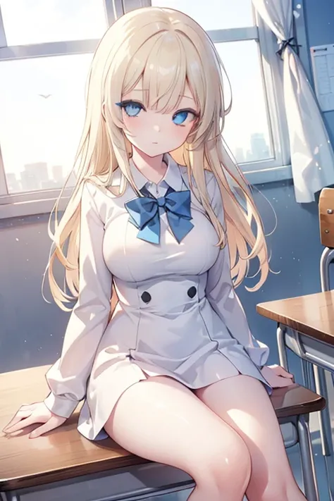 A girl in a POV anime sitting at a desk in a classroom with windows. Silly.,  high quality,  game cg,  1 girl, blonde hair, long hair,classroom,  sitting indoors in POV, On a chair,  school desk, Window, curtain, Wind,  Color Difference,  Dutch angle
,(mas...