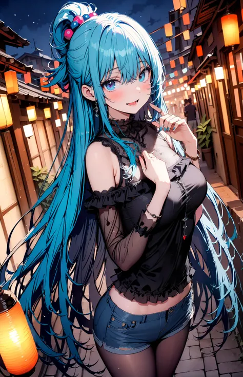 konosubaAqua, Aqua,   long hair,  blue eyes,  hair ornaments close to the garden, very   long hair, Lantern , hair ornaments close to the garden,  SINGLE RING OF HAIR ,   hair bobble,smile,blush, open your mouth ,Medium breast,Blue Off-the-Shoulder Sweater...