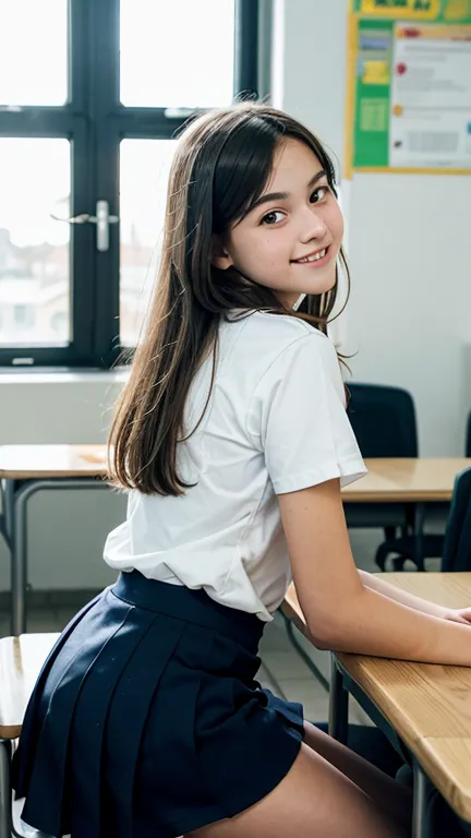  full body image,  Thirteen-year-old Linda    ,    with a face with soft European features   ,    smiling,     wearing school uniform ,  leaning against the table ,  classroom,  with her back to the observer     ,   observing the observer ,    smiling para...