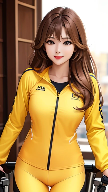 woman , long hair golden brown, normal, she is solo, from alternative world ,best quality, realistic, cycling (full yellow pink) suit and cycling sports black shorts, she is standing standard, smile, red lipstick , 