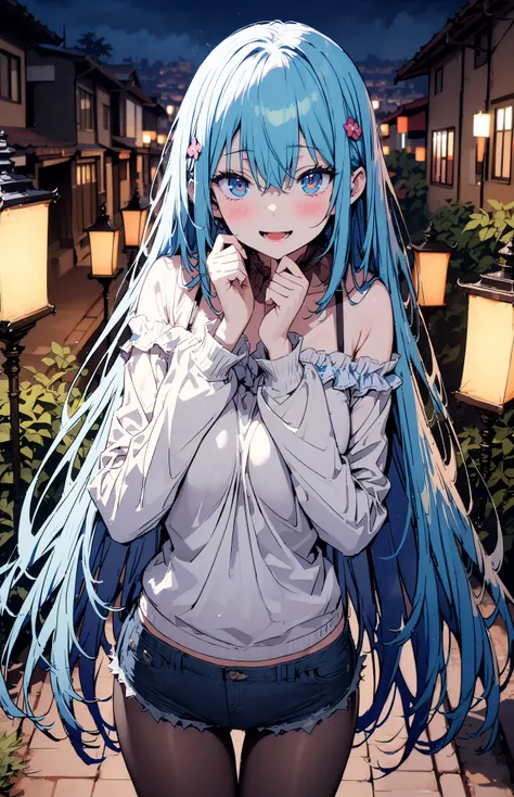 konosubaAqua, Aqua,   long hair,  blue eyes,  hair ornaments close to the garden, very   long hair, Lantern , hair ornaments close to the garden,  SINGLE RING OF HAIR ,   hair bobble,smile,blush, open your mouth ,Medium breast,Blue Off-the-Shoulder Sweater...