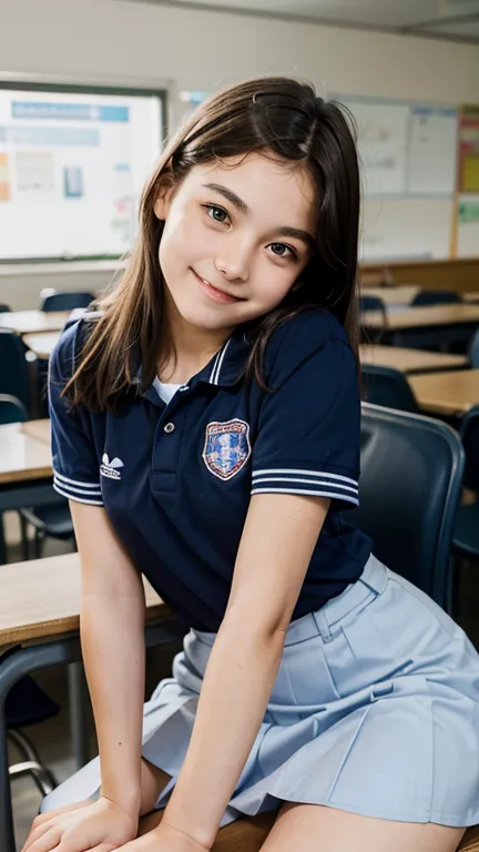  full body image,  Thirteen-year-old Linda    ,    with a face with soft European features   ,    smiling,     wearing school uniform ,  leaning against the table ,  classroom,  with her back to the observer     ,   observing the observer ,    smiling para...