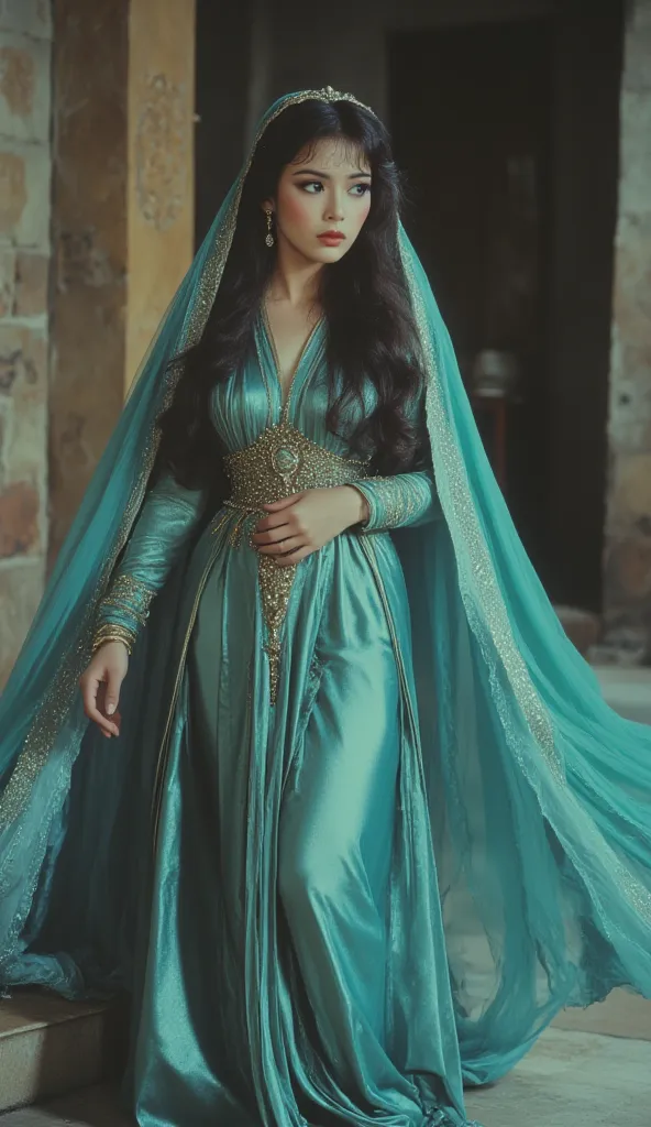 A Malay Princess Mayang Mengurai in Silver-Blue modest attire with green blue scarf – Long, flowing hair. Her dress ripples like waves, eyes melancholic yet powerful. 80s film still