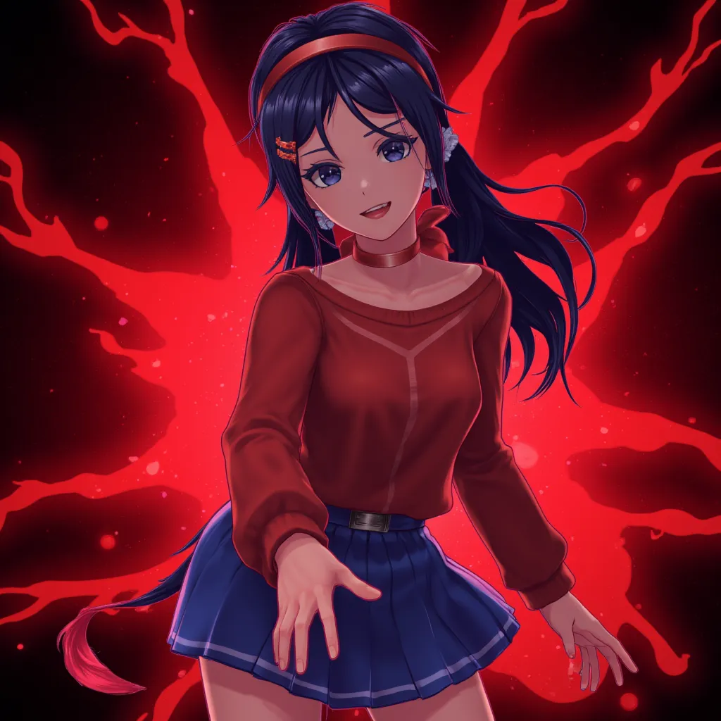 epic magic girl super hero pose, dark blue eyes, dark blue hair, choker, red sweater, blue skirt, hair ornament, looking at viewer, ((wearing black shoes, Mita with evil smile and vampiric teeth, using red blood magic, epic pose, splash art, realistic red ...