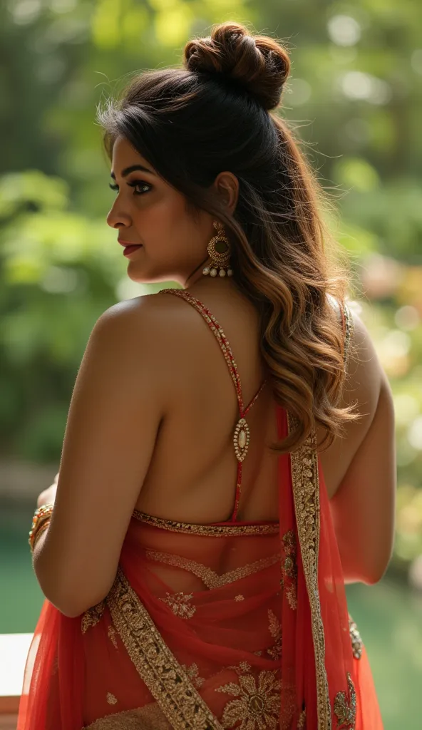  A photorealistic portrait of an Indian curvy woman standing in a serene natural setting, facing away from the viewer.wearing swimwear, The focus is on her elegant posture and traditional attire, highlighting her graceful silhouette. Intricate details on h...