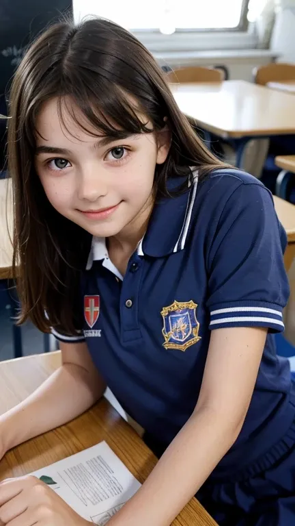   full body image,  Thirteen-year-old Linda    ,    with a face with soft European features   ,    smiling,     wearing school uniform ,  leaning against the table ,  classroom,  with her back to the observer     ,   observing the observer ,    smiling par...