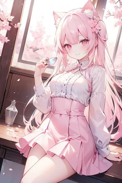 Long white hair、pink eyes、One Beautiful Cat Girl、red blush、A smile、Flip-fluffy miniskirt、Cherry blossoms、
,(masterpiece: 1.2), Best Quality, High resolution, Unity 8k Wallpaper, (Illustrations: 0.8), (Beautiful pink eye details: 1.6), Perfect Lighting, Hig...