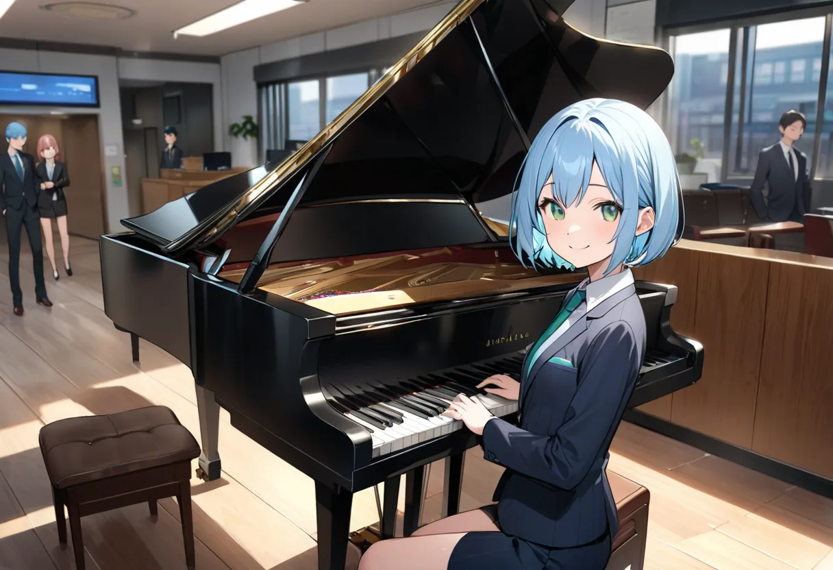 TOP QUALITY、light blue hair、short bob、Deep green eyes、small breasts,Age 25,in the office、 business suit for women, I'm playing the piano installed in the aisle of the station、smile