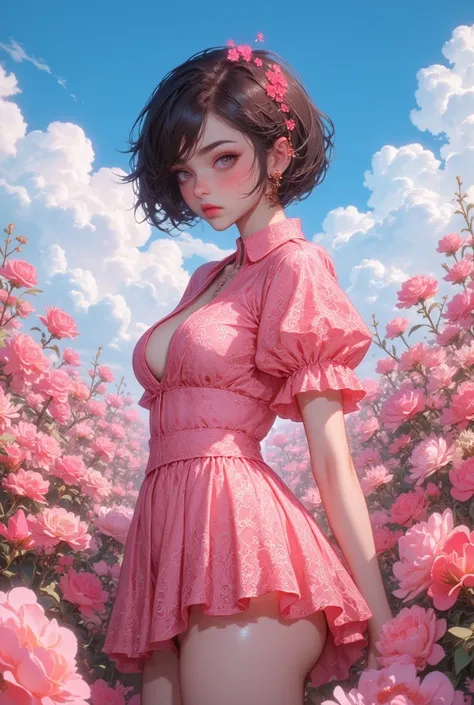 cute woman, short brown hair, in pink lace dress, beautiful body, with big ample breasts, cleavage, she is standing in the middle of flowers, surrounding by flowers, on the flowers field, pink color flowers, bright blue sky, seductive sexy pose. anatomical...