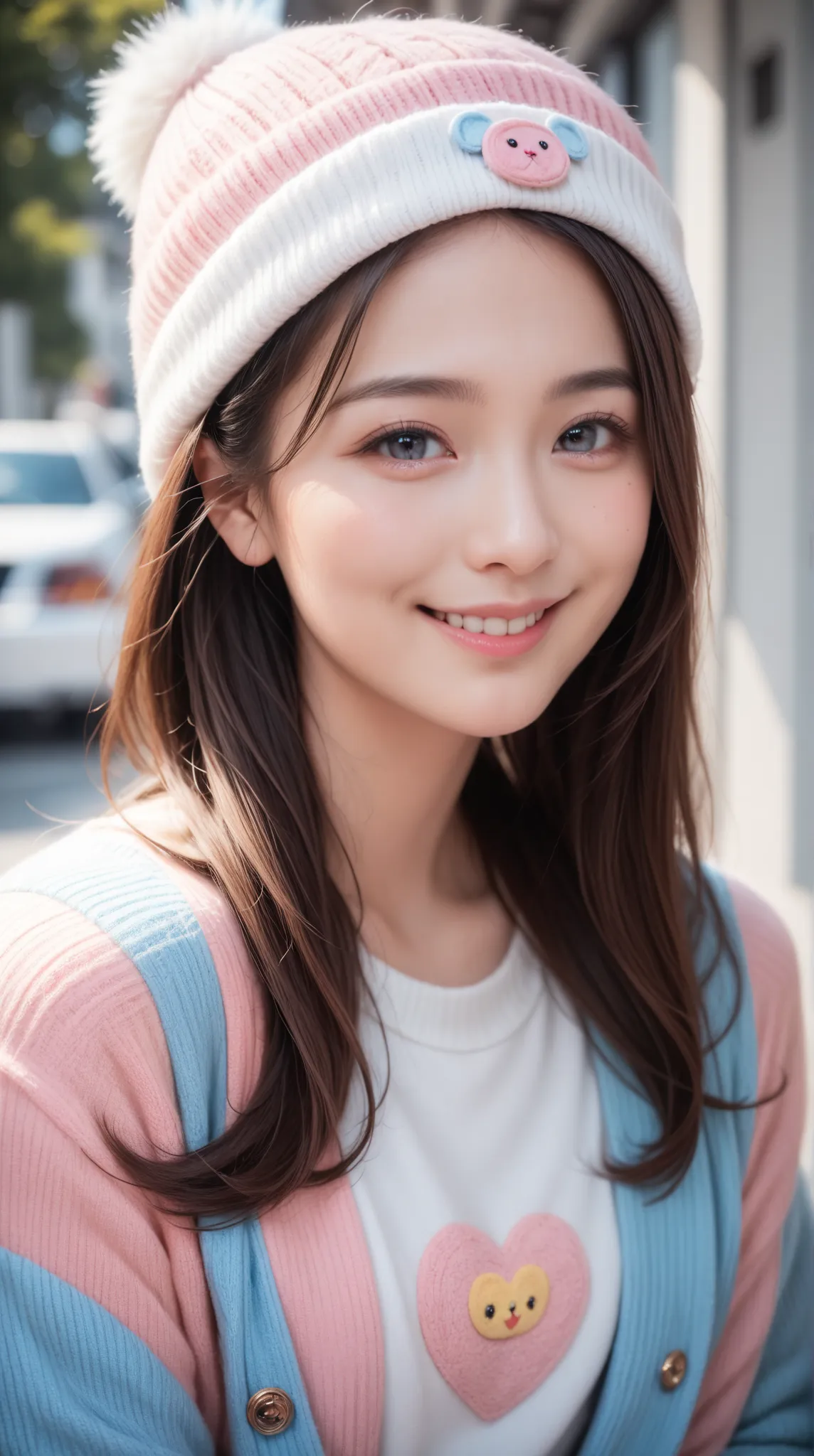 (TOP QUALITY,  super high resolution, realistic:1.7), ( very young girl :2.3),  JAPANESE BEAUTY , lovely face,  Light Smile,  beautiful eyes, animal beanie  ,  Multi Colored Sweaters ,  looking viewer