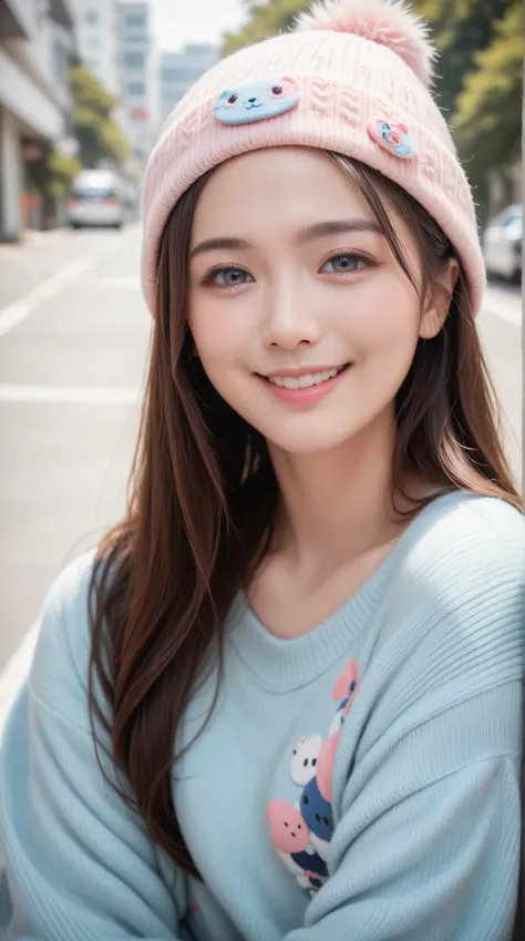 (TOP QUALITY,  super high resolution, realistic:1.7), ( very young girl :2.3),  JAPANESE BEAUTY , lovely face,  Light Smile,  beautiful eyes, animal beanie  ,  Multi Colored Sweaters ,  looking viewer