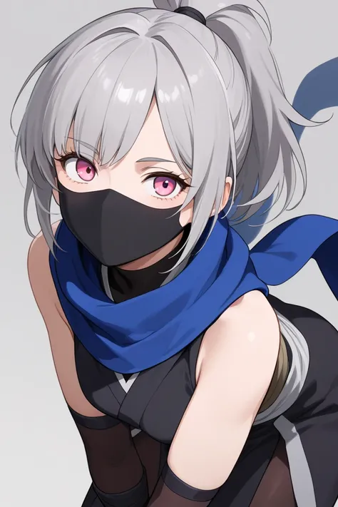 black ninja cloth, black ninja mask, blue long scarf, light gray long ponytail, downturned dark cirlce pink eyes ninja girl