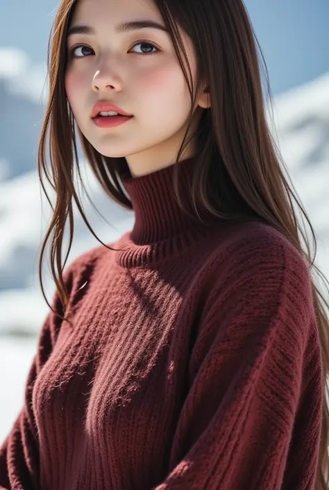 (table top、TOP QUALITY、8k、 Award-winning work 、 super high resolution)、 one beautiful woman、(turtleneck long knitted sweater dress:1.1)、 Extremely long wavy hair 、(Vivid sunset :1.1)、Spectacular Cinema Lighting、(Norwegian Snow Mountain:1.1)、winter、 Snow Sc...