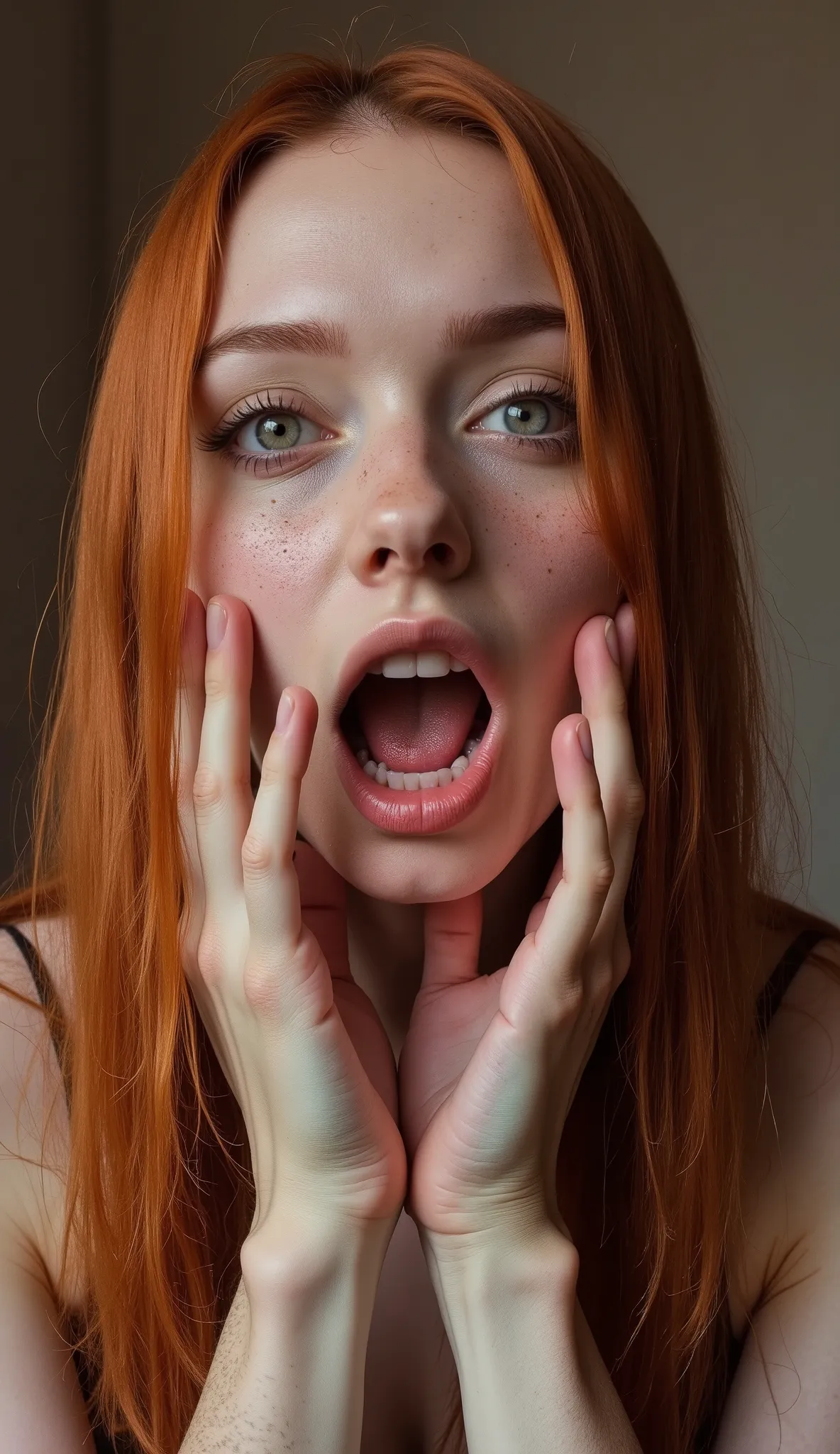  Fisheye 、There is a woman showing her teeth by opening her mouth with her fingers, by Lasar Segall,  wearing a wooden Noh mask inspired by Lasar Segall ,  Petra Collins ,  black highheel,  back teeth, Twisted Smile , Still image of a woman with red hair, ...