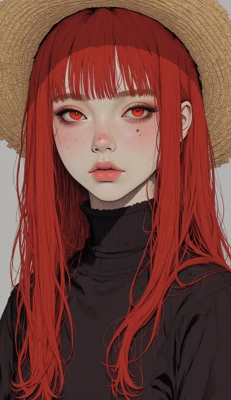 long red-haired unruly woman wearing a straw hat, Pictures inspired by Junji Ito, Tumbler, Renaissance,  Larisa Manobal , Ulzzang, bangs falling straight down her forehead, Gwaiz, Duck face, Bruised lips, San Yun-ju,  cute band-aid nose!!,  Cruel Korean Go...